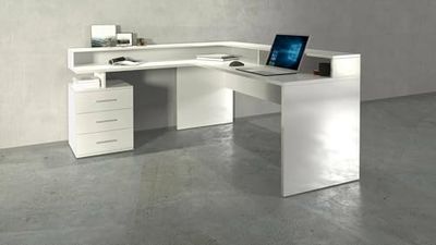 Dmora Solomone Corner Desk with Stand, Multipurpose Office Desk, 180 x 90 x 160 cm, White