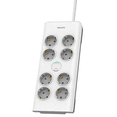 Philips SPN7080WA/10 - Bloc Multiprise 8 Prises Schuko, Power Lock, 3 680 W, Câble d'alimentation Tressé 2 Mètres Haute Résistance, Fermeture de Sécurité (Indicateur LED Protection Surtension 900J)