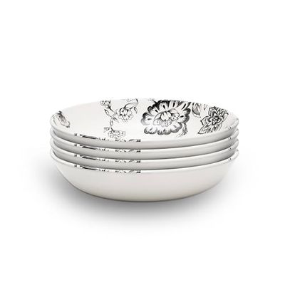 Wade WA967043BLK Botanical Night Set of 4 Pasta Bowls with Black Floral Design, Crafted from Earthenware, Made in Stoke-on-Trent, 22.5cm, Black