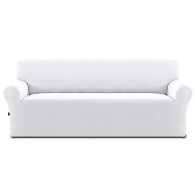 Easy-Going Fleece Stretch Sofa Slipcover Spandex Non-Slip Soft Couch Sofa Cover, Washable Furniture Protector with Anti-Skid Foam and Elastic Bottom for Kids, Pets(Sofa, Snow White)