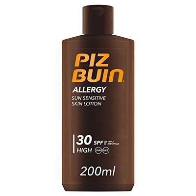 PIZ BUIN Allergy Sun Sensitive Skin Lotion FPS 30 (200 ml), protetor solar corporal com FP30, proteção solar alta para peles sensíveis, loção corporal com filtros UVA/UVB