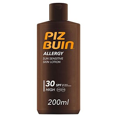 PIZ BUIN Allergy Sun Sensitive Skin Lotion FPS 30 (200 ml), protector solar corporal con FP30, protección solar alta para pieles sensibles, loción corporal con filtros UVA/UVB