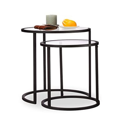 Relaxdays Set 2 Mesas Auxiliares Redondas, Acero-Cristal, Negro, 5 x 50 x 50 cm, 50