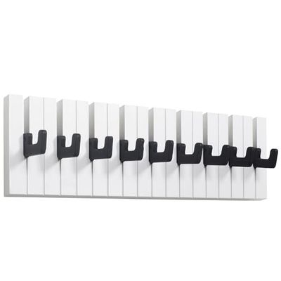 RICOO WM1886-L, garderobehaken, wandhaken, kindergarderobehaken, pianodesign, zwart-wit houten garderobestand, modern en inklapbaar, 9 uitklapbare haken voor kinderkamer en hal, 49 x 15 x 2 cm