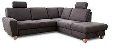 CAVADORE Wisconsin - Divano ad angolo con 2 poggiatesta, stile rustico, gambe in legno di faggio, microfibra effetto pelle, dimensioni: 248 x 88 x 215 cm (L x A x P), colore: grigio scuro