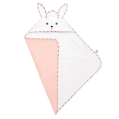 KALOO - K'doux - Cape de Bain Lapin pour Bébé - Doux et Absorbant - 75 x 75 cm - Serviette de Bain en Coton avec Capuche et Oreilles de Lapin - Motif Coquelicot - Dès La Naissance, K216007