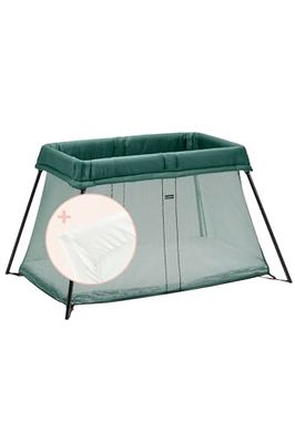 BabyBjörn Reisbed Light met hoeslaken, donkergroen/katoen, wit, 1,0 Count