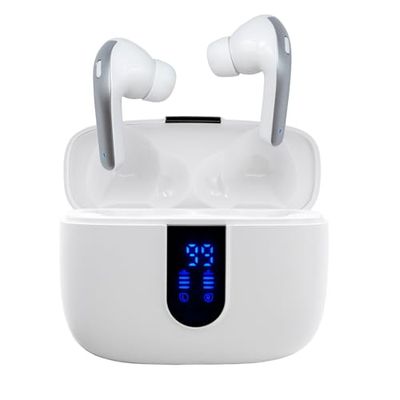 iggual Draadloze hoofdtelefoon met microfoon, Bluetooth 5.3, hoofdtelefoon met ruisonderdrukking, hoofdtelefoon met touch-bediening, inclusief oplaadhoes type C met display (wit)
