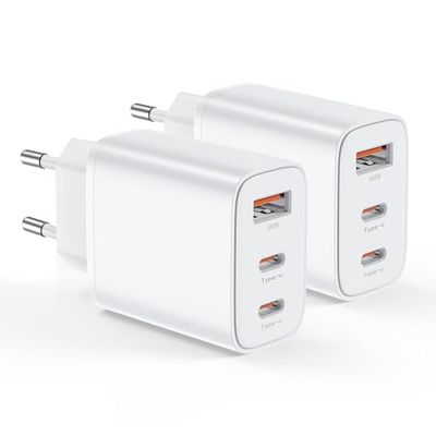 2-Pack Chargeur USB C 30W 3-Ports Prise Chargeur USB C Type C Charge Rapide Carregateur Multiple Rapide pour iPhone 16 15 14 13 12 11 Pro Max XR XS 8 7, iPad, Samsung