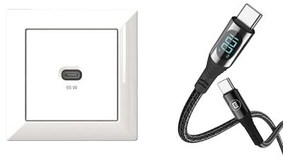 EHMANN 2in1 Bundle, Stazione di ricarica USB da incasso, caricabatterie USB-C da 65 watt e cavo USB C/C, ricarica (100 W) + trasferimento dati (480 Mbps), lunghezza 3 m, Power Delivery (PD)