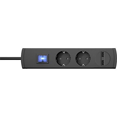 Kopp UNOversal® 233505000 - Regleta de 2 enchufes con 2 Puertos USB de 1,4 m, Interruptor y Gran Distancia, Enchufe múltiple con protección táctil, regleta Interior I, Color Antracita