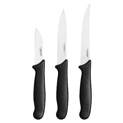 Fiskars Set di 3 Coltelli, Spelucchino, Coltello per Verdure, Coltello per Pomodori, Essential, Acciaio Inox / Plastica PP, Nero, 1065584