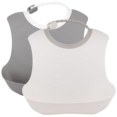 Twistshake 2x Haklapp Mjuk Plast Vattentät för Spädbarn, Mat Smulfångare, Justerbar Nacke, Baby Matning Haklappar, 4+ Månader, Pastellgrått Vit