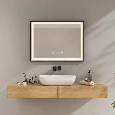 EMKE Specchio da Bagno con Illuminazione 80x60cm Bordo Nero LED Touch Anti-appannamento, Orologio, Temperatura, Dimmerabile, Neutro, LM23BTDZ-EMKE-FR