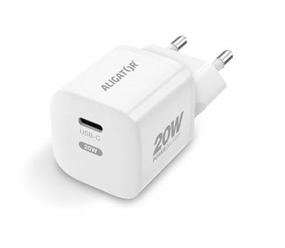 Intelligente mini oplader Aligator AZACHPD0017, Power delivery 20W met poort USB-C en USB-C/USB-C kabel. Snel opladen voor telefoons, tablets enz. Kleur: Wit