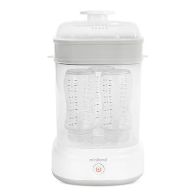 Miniland Mini Steamy Stoomreiniger, grote capaciteit, voor flessen, fopspenen en zuigers, uniseks, vaatwasmachinebestendig, automatisch, zonder chemicaliën, wit