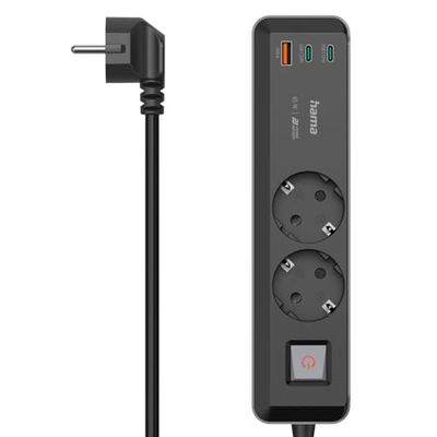 Hama Multiprise, 2 Prises, USB-C/A 65W, Power Delivery, Interrupteur, 1,4 m, Noir et Gris