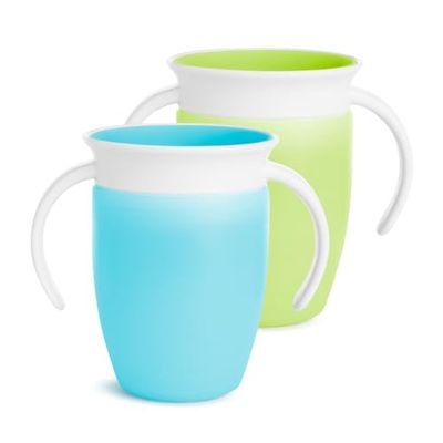 Munchkin Miracle 360 6+ Month 7oz Baby Sippy Cups (2-Pack). Free Flow Beaker for Toddlers. Trainer Cup, BPA-Free, Spill-Free, Dishwasher-Safe Baby Water Bottle with Easy-Grip Handles. (Blue/Green)