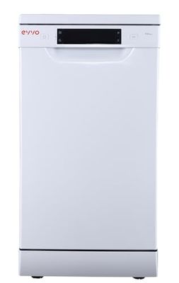 EVVO Lavavajillas estrecho, Ancho 45 cm, Capacidad para 10 Cubiertos, Programa Rápido 30 minutos, Programa Media Carga, Bandeja Superior Ajustable, 8 Programas, Modelo D3 Slim, Acabado Blanco