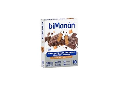 BIMANÁN - BARRITAS CON SABOR TOFFEE CARAMELO - Sustitutivos de Comida para Adelgazar - 2 Barritas Equivalen a una Comida y Proporcionan 236 Calorías - Fuente de Fibra - Caja de 10 Unidades
