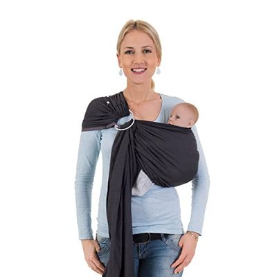 Hoppediz Ring-Sling, Porte-bébé pour les Nouveau-nés et Bébés, Écharpe de portage avec deux anneaux en aluminium, 0-36 mois, 3-20 kg, London noir-gris