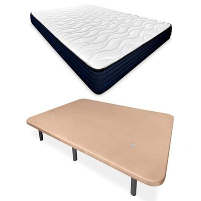 mattfy Lit Complet avec Matelas Kloe réversible + Base tapissée renforcée + Oreiller, Acier allié, Beige, 135 x 190 cm