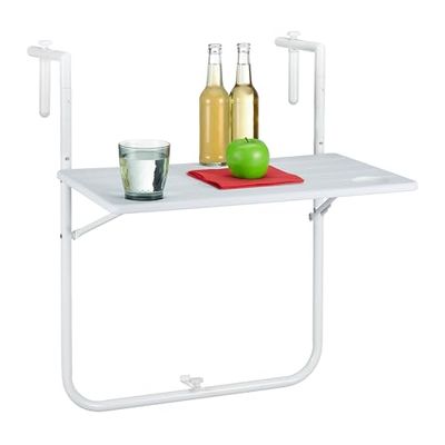 Relaxdays Table Balcon Suspendue, Rabattable, réglable en Hauteur sur 3 Niveaux, Aspect Bois, LxP 59,5 x 35,5 cm, Blanc