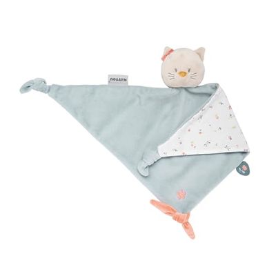Nattou Maxi-Doudou Plat en Coton et Velours, Doudou Lana la Chatte, Compagnon de Route dès la Naissance, env. 65 x 40 cm, Mila, Zoë et Lana, Bleu Clair