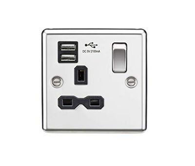 Presa commutata 13A 1G Dual USB Charger Slots con inserto nero - Bordo arrotondato cromato lucido