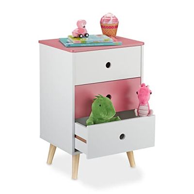 Relaxdays Commode 3 tiroirs spacieux, Rangement Jouets pour Chambre Enfant, HxLxP : 61,5 x 38 x 30 cm, Blanc-Rose