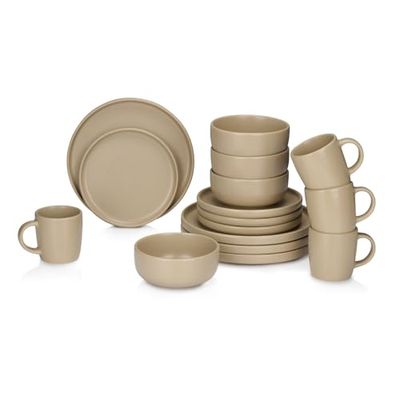 alpina Juego de vajilla de 16 piezas, juego de platos para 4 personas, vajilla de gres, platos de desayuno, platos de cena, cuencos y tazas, apto para microondas y lavavajillas, arena