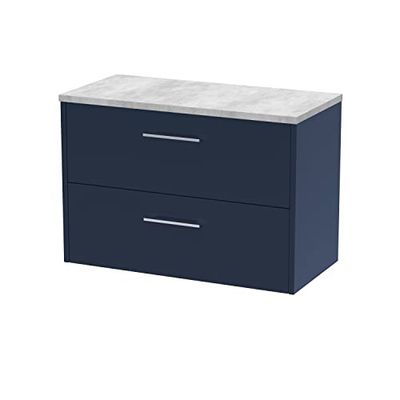 Hudson Reed JNU2926LBG Juno Modern Bathroom Wall Hung 2 Soft Close Drawer Vanity Unit and Bellato Grey Laminate Worktop, 800mm, Midnight Blue