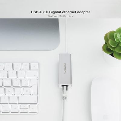 USB-C naar Ethernet converter biedt verbindingssnelheid tot 1 Gbps. Compact en draagbaar design in zilver, met een 15 cm lange flexibele kabel, ideaal voor snelle en stabiele verbindingen.