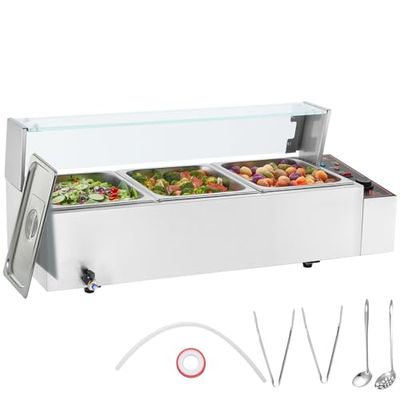 VEVOR Calentador de Alimentos Comercial de 3 Sartenes, 3 x 8 qt con Cubierta de Vidrio, 1500 W, Encimera Acero Inoxidable, Temperatura 30-85 °C para Catering, Restaurantes, Plata, 930 x 406 x 382 mm
