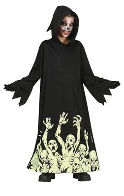 FIESTAS GUIRCA Costume da Morte - Tunica Nera con Scheletri e Cappuccio per Bambini 5-6 Anni
