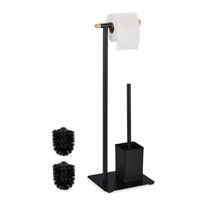 Relaxdays Serviteur WC, Bambou, Acier Inoxydable, Support à Poser, Brosse et Porte-Brosse, Noir - Nature