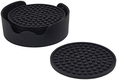 Aidapt Black Non Slip Heat Proof Coasters Mat Round 12x12 cm for Coffee, Tea, Beer, Mug, Cup, Glasses on Tables, Counters, Cabinets. Set of 4 in a Holder