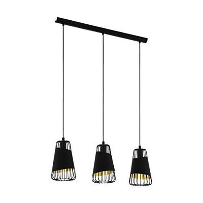 EGLO Candeeiro suspenso de 3 chamas, estilo industrial, vintage, aço e tecido em preto, ouro, candeeiro de mesa de jantar, candeeiro suspenso com casquilho E27, comprimento 76,5 cm