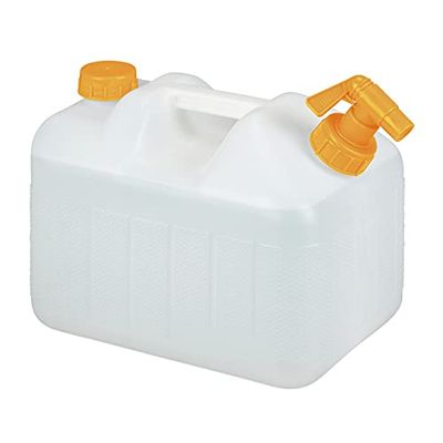 Relaxdays Garrafa con Grifo, 10 litros, Plástico sin BPA, Tapón Cuello Ancho, Asa, Bidón Acampada, Blanco y Naranja