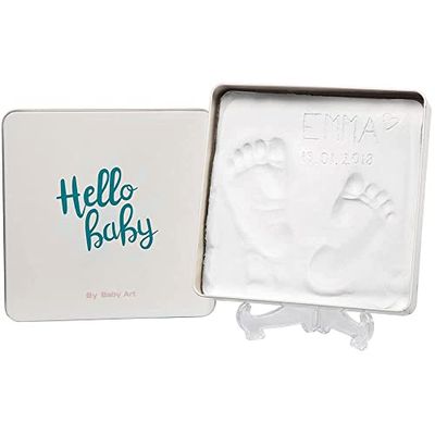 Baby Art Magic Box Plaza Set de decoração de pegadas de bebé em argila branca, presentes para bebés e recém-nascidos, lembrança memorável de pegadas de mão e pé, essencial