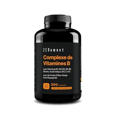 Complexe de Vitamines B, avec les 8 Vitamines B + Vitamines C et E, 200 Micro-Capsules Molles | Absorption Élevée avec de l’Huile d’Olive Vierge Extra Biologique | Énergie, Humeur, Système Nerveux