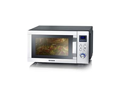 SEVERIN Forno a microonde 3 in 1 con base in vetro, grill e funzione aria calda, forno a microonde, microonde con ampia area utilizzabile per piatti quadrati, nero/acciaio inossidabile, MW 7777