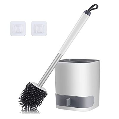 HIYAA - Escobilla de Inodoro y Soportes de Silicona, Cepillo de Limpieza de Inodoro con Soporte de Secado rápido y Mango de Acero Inoxidable Antideslizante para baño, Blanco, 1 Paquete