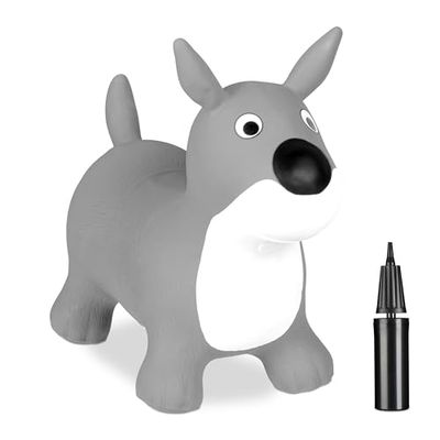 Relaxdays Cane Gonfiabile per Bambini, Animale Saltellante, Max. 50 kg, Senza BPA, 3 Anni, Pompa Manuale, Grigio Bianco, 45 x 25 x 53 cm