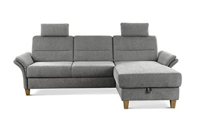CAVADORE Canapé d'angle Wyk avec Noyau à Ressorts - Style Maison de Campagne avec Long Chaise, lit, Coffre de lit, accoudoir + 2 appuie-têtes/252 x 90 x 162 cm - Chenille Gris