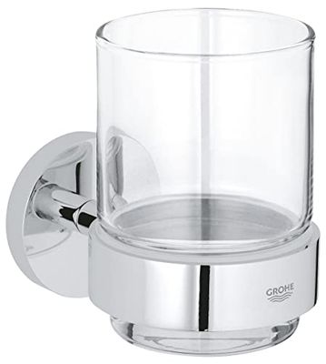 GROHE QuickFix Start, Bicchiere in vetro con supporto metallo e vetro, fissaggio nascosto, viti e tasselli inclusi, montaggio facile con GROHE QuickGlue, 106 x 99 mm, Cromo, 41194000