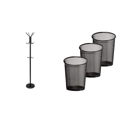 Amazon Basics Hat and Coat Stand Rack, Black & Zuvo Pack of 3 Circular Mesh Waste Paper Bin, Lightweight Waste Basket Garbage Can