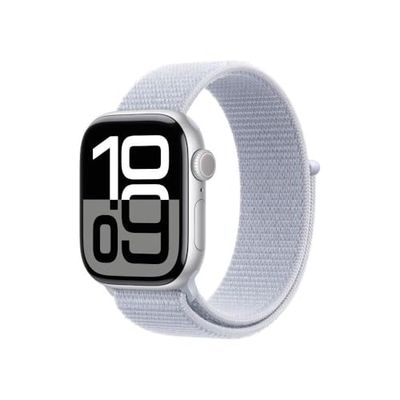Apple Watch Series 10 (GPS + Cellular 42 mm) Smartwatch - Kast van zilverkleurig aluminium - Ochtendblauw geweven sportbandje. Conditie bijhouden, Ecg-app, always on Retina-display, CO₂-neutraal
