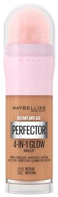 Maybelline New York 4-i-1 Make Up med Concealer, BB Cream, Highlighter och Primer, för en perfekt hy, foundation med lätt opacitet, Instant Perfector Glow, nr 02 medium, 20 ml