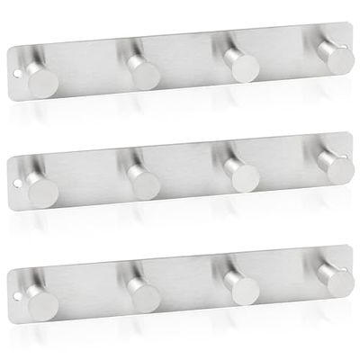 RICOO Roestvrij stalen garderobehaken MH025S-4x3, wandhaken, zilver, robuuste haaklijst voor wandmontage, 3 stuks, kledinghaken, garderobe in elegant design, veelzijdig inzetbaar, duurzaam en